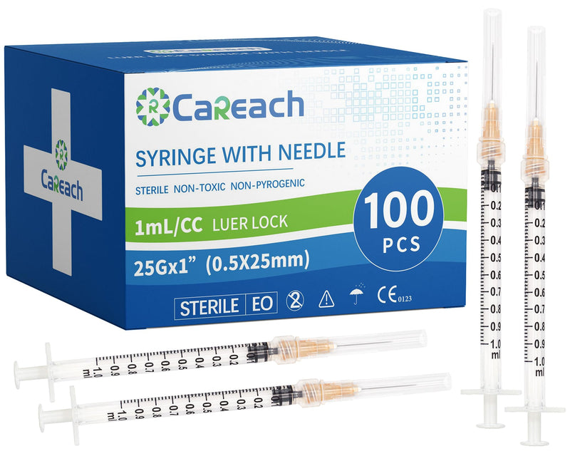 100 Pack 1mL Syringe 25Ga 1inch, Scientific Labs, Measuring and Refilling Inks 1mL 25Ga 1in 100