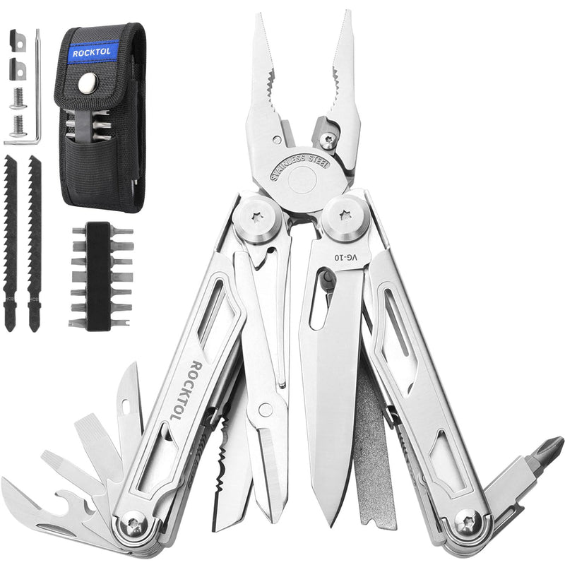 ROCKTOL SK05 Multitool, VG10 Knife Blade, 29-in-1 Multi tool Pliers, Replaceable Wire Cutters, Interchangeable File and Saw with T-shank, Heavy-duty Multi-tool in-car for Camping, Survival, Reapair VG-10 Knife Blade