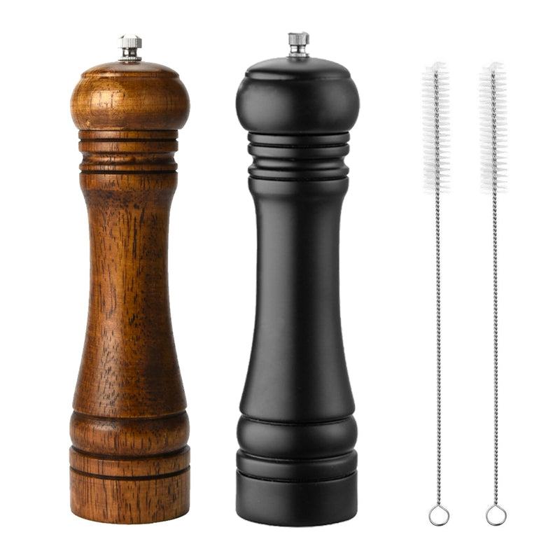Wooden Pepper Mill Set Salt Black Pepper Grinder Kit Manual Mills Solid with Strong Adjustable Ceramic Grinders 2 Piece 8 Inches F 2 Retro + Black