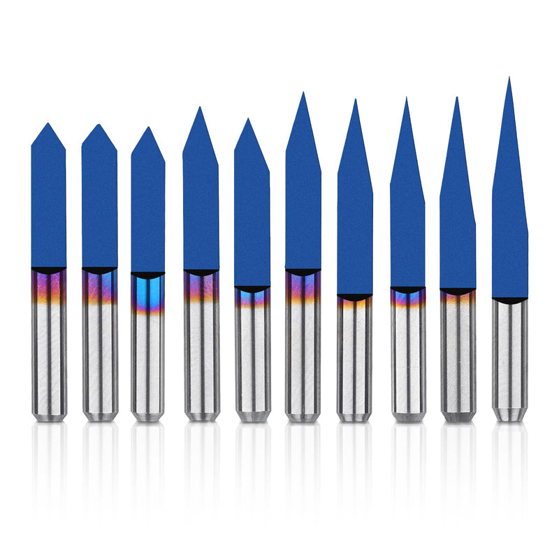 Genmitsu 10 Pcs 1/8" Shank V-Groove CNC Router Bits, 10 /15 /20 /25 /30 /40 /45 /60 /90 Degree Set, Nano Blue Coat Conical V-Bit, Engraving Tool for CNC Signmaking Carving Lettering 2D&3D Sculpture 10/15/20/25/30/40/60/90 Degree-0.1/0.3mm Tip