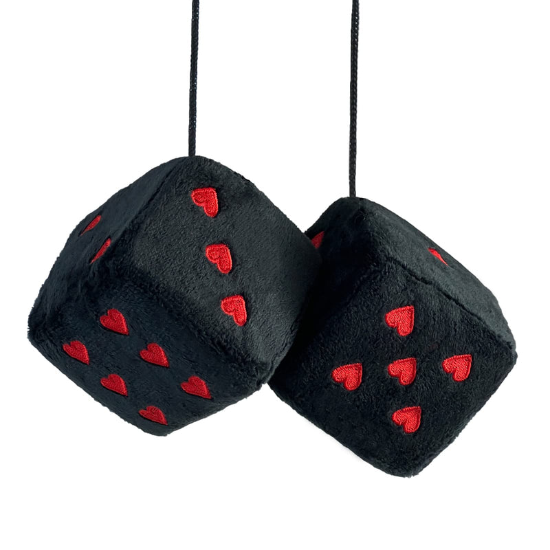 Pair 3” Fuzzy Plush Dice Heart Shape Decor for Car Rearview Mirror, Retro Square Decoration Dice for Car Hanging Accessories (Black-Red) Black-red