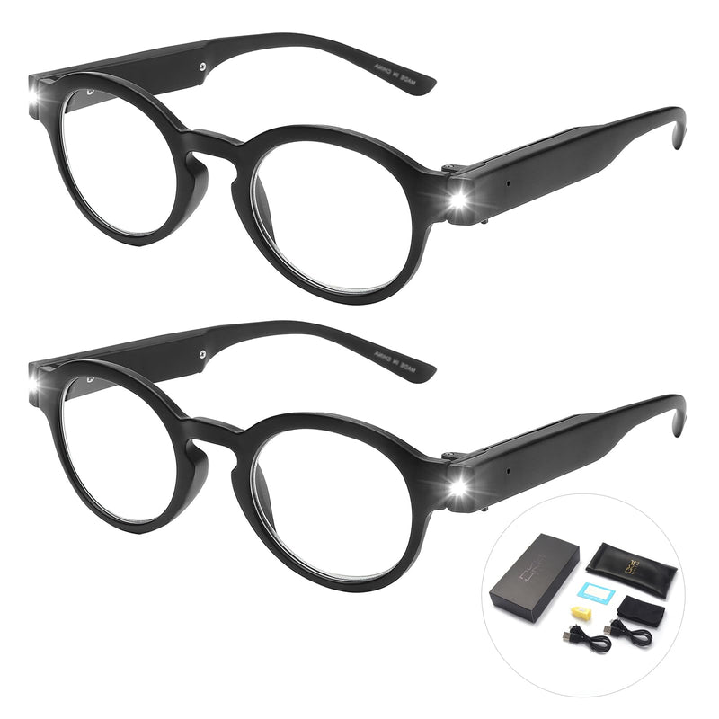 OKH Lighted Up Reading Glasses Rechargeable Bright LED Readers with Rechargeable Lights for Women Men Round-black-2pcs 2.5 x