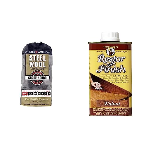 Homax 10120000 Steel Wool, 12 pad, Grade #0000, Rhodes American, Final Finish & Howard RF8 Products Restor-A-Finish, 8 oz, Walnut, 8 Fluid Ounces 0000- Super Fine Grade Wool + Restor, Walnut