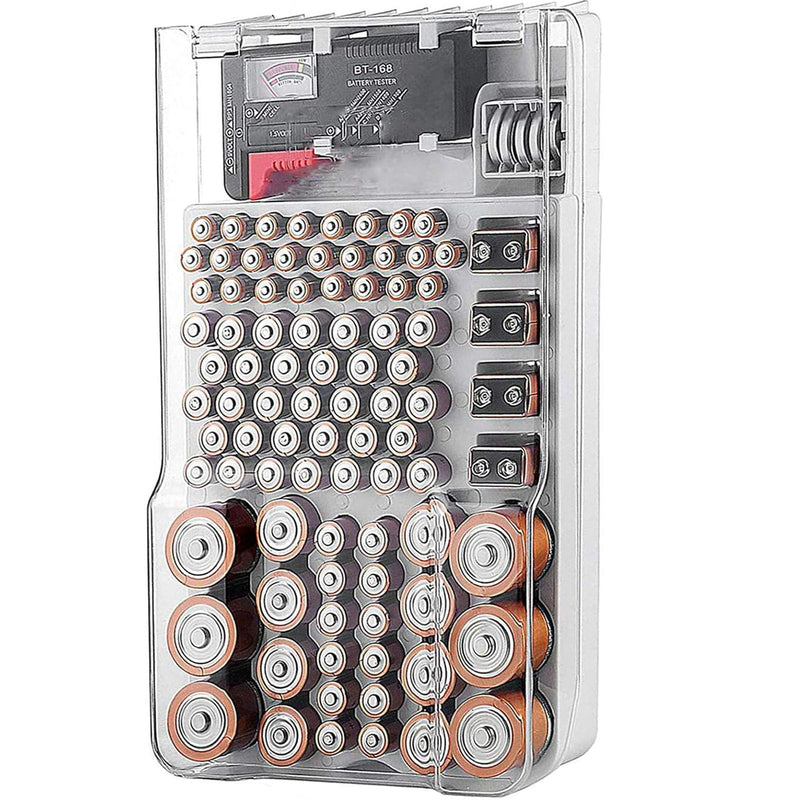 Battery Organizer Storage Box with Tester,Clear Lid Battery Organizer Storage Case Holder Holds 93 Batteries Battery Storage Box Battery Carrying Case（Batteries are Not Included）
