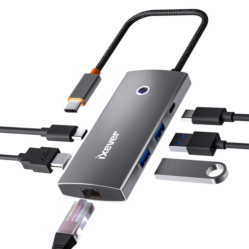 USB C Docking Station, iXever USB C HUB 6-in-1 Ethernet Adapter with HDMI 4K@60Hz, Ethernet 1000M, USB Type C, 2X USB 3.0 5Gbps, PD Charging 100W
