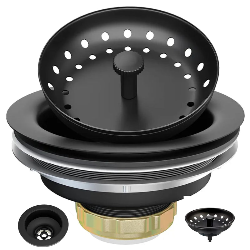 3-1/2 Inch Matte Black Kitchen Sink Drain Kit - Complete Black Kitchen Drain Assembly - Black Stainless Steel Strainer Basket Included - Fits 3.5" Standard Kitchen Sink