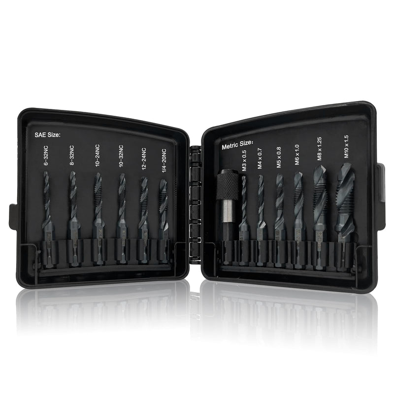 Drill & Tap Bits Set of 13 pcs - 6 SAE Sizes: 6-32NC to 1/4-20NC, 6 Metric Sizes: M3 to M10 and a Quick-Change Adapter – Combine Drilling Tapping Threading Countersinking Functions in One Bit, Black 13 Pcs Tap Set
