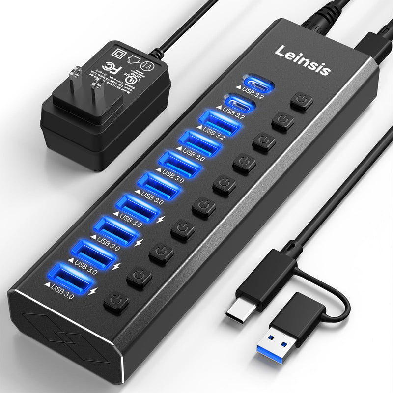 Powered USB Hub 3.2, LEINSIS 10-Port USB 3.2/USB C Hub (10Gbps USB-A 3.2 +2 USB-C 3.2 +7 USB 3.0 Ports) with Individual On/Off Switches and 12V Power Adapter, Aluminum USB Hub Powered for Laptop PC 10-Port USB 3.2 Hub light black