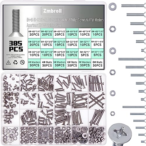 Flat Head Machine Screws #4-40#6-32#8-32 Stainless Steel Nuts Bolts Washers Assortment Kit Phillips Fasteners Flat Countersunk Electricians Screw Nuts Kit Small Screws Mounting Screws