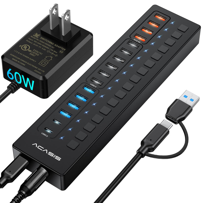 Powered USB 3.0 Hub, ACASIS 16 Port USB Hub Powered(Include 2*USB C 3.0+4 Smart Charging Port) with 60W Power Adapter, Support Wall Mount, USB Hub for PC Laptop, Mac, Printer, Camera 16 ports