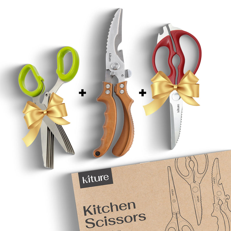 Heavy Duty Kitchen Shear with Bonus MultiPurpose and Herb Scissors 420 Stainless Steel for Chicken, Meat, Fish and Poultry Gift Set with Kitchen Shears for Food and Herbs Scissors by Kiture Modern Kitchen gadgets