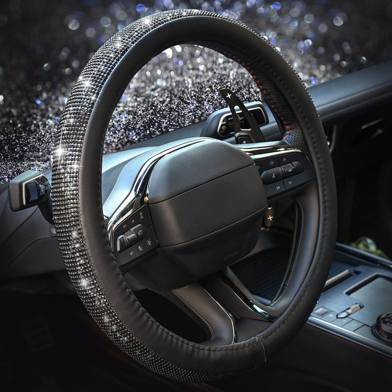  [AUSTRALIA] - New Diamond Leather Steering Wheel Cover with Bling Bling Crystal Rhinestones, Universal Fit 15 Inch Car Wheel Protector for Women Girls,Black Diamond Black Diamonds Standard Size[14"1/2-15"]