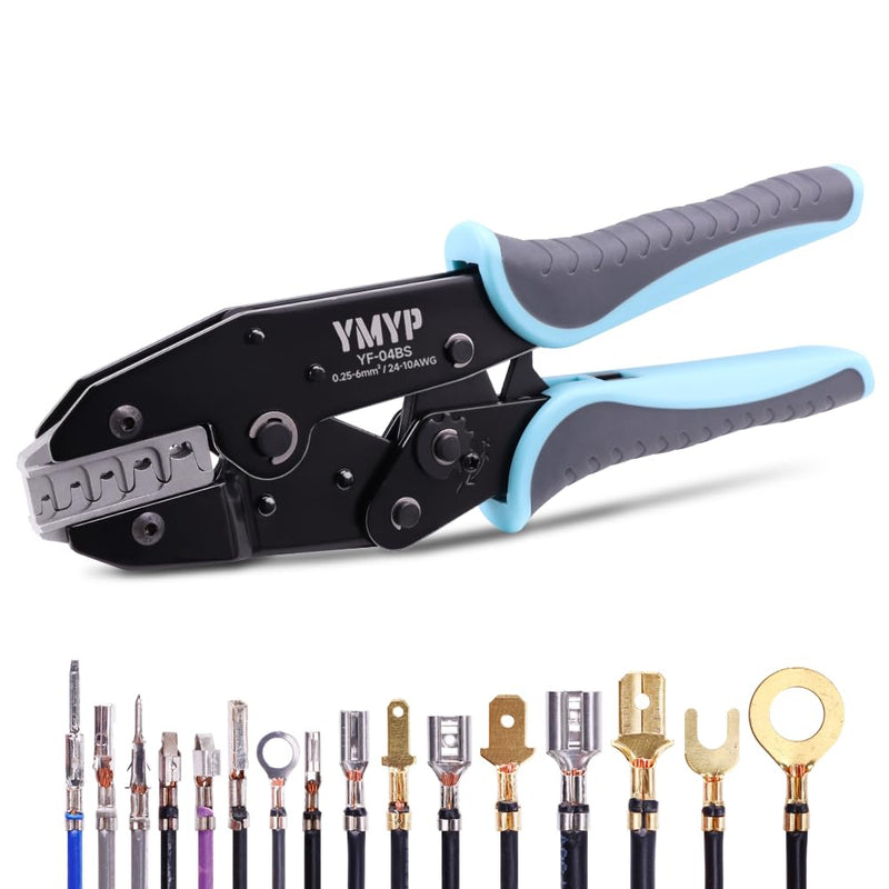 Crimping Tool for Open Barrel Terminals JST Molex TE Connectors - 24-10 AWG (0.25-6mm²) with Wire Cutting Jaw - Ratcheting Wire Crimper YF-04BS Open Barrel Terminals 0.25-6mm²