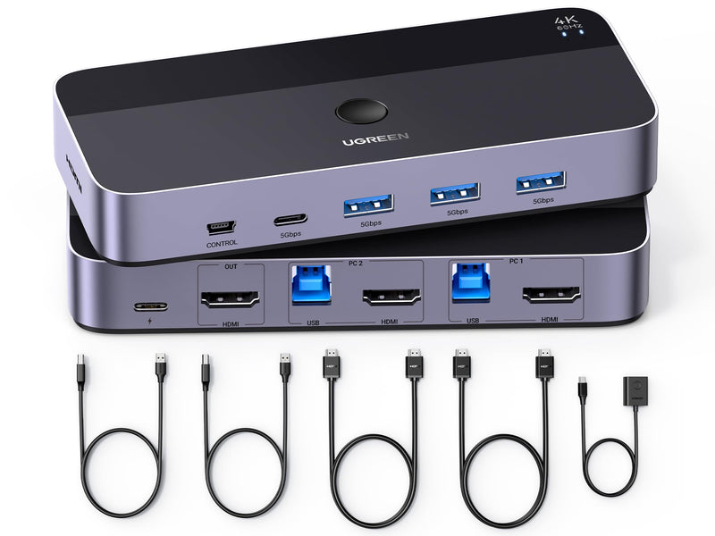 UGREEN HDMI KVM Switch 1 Monitor 2 Computers, with 4 USB 3.0 Ports 4K@60Hz KVM Switches for 2 Computers Sharing One Monitor Keyboard Mouse Printer with 2 HDMI Cables, 2 USB Cables, Controller