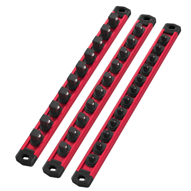 WORKPRO Magnetic Socket Organizer Set, 3-Piece Aluminum Alloy Socket Rail, Heavy Duty Socket Holder, Socket Rack Kit 1/4-Inch x 12 Clips, 3/8-Inch x 10 Clips, 1/2-Inch x 10 Clips (Red) 3 Pieces-1/4", 3/8", & 1/2" DR Red