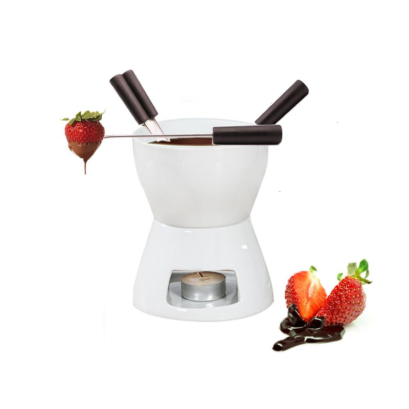Fondue Pot Set with 4 Forks Ceramic Butter Warmer Set Premium Tea Light Porcelain Melting Pot for Chocolate Cheese Caramel