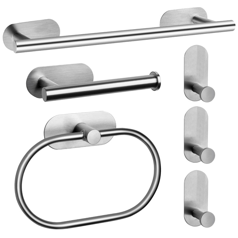JiGiU Self Adhesive Towel Bar, Bathroom Hardware Set Include 16-Inch Bath Towel Bar,Toilet Paper Holder Towel Ring & 3 Packs Towel Hooks Stainless Steel Wall Mount No Drill Sticky on Towel Holder Kit Silver