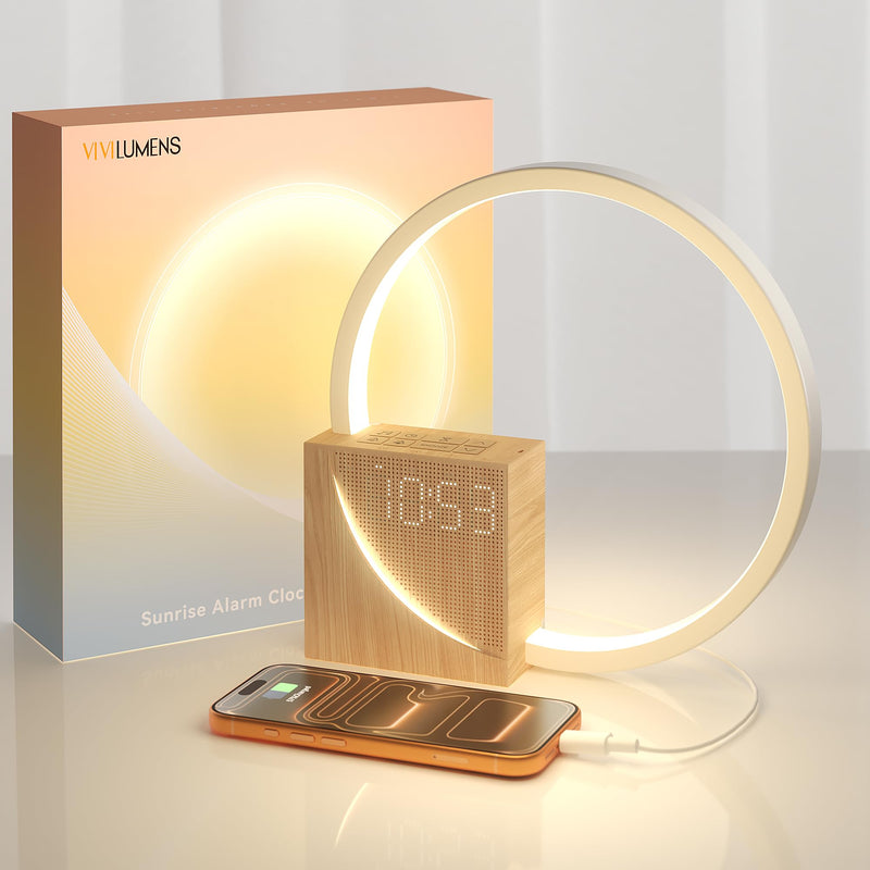 Vivilumens Sunrise Alarm Clock for Heavy Sleepers Adults, Wake-up Light, Sleep Aid 10 White Noise Sound Machines with 30/60/90 Timer, 3 Level Dimmable Touch Table Lamp with Snooze USB Charger Port Wood Grain