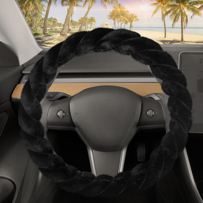Carbella Twisted Fur Black Soft Steering Wheel Cover, Standard 15 Inch Size Fits Most Vehicles, Fuzzy Fluffy Car Steering Cover with Soft Faux Fur Touch, Car Accessories for Women 1-Twisted Fur Black