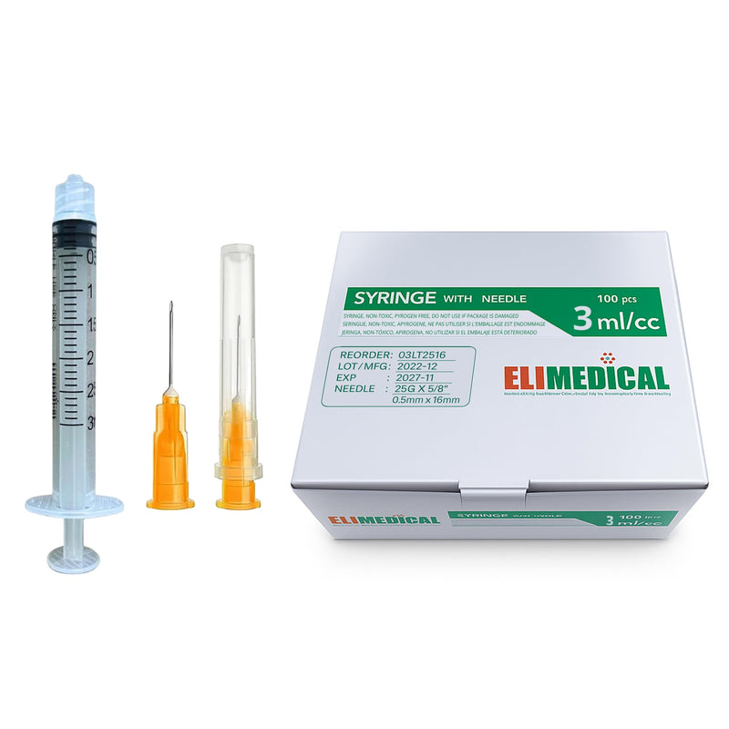 Elimedical Veterinary Syringe with Needle, Luer Lock 3cc (3ml), 25G x 5/8 inch (16mm), Individually Sealed, 100 per box, 03LT2516