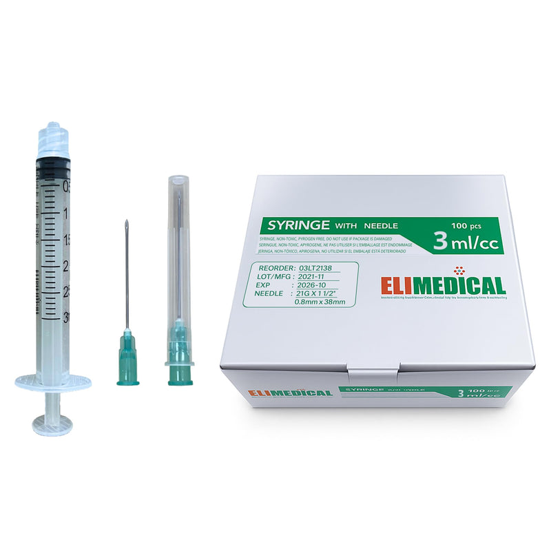 Elimedical Veterinary Syringe with Needle, Luer Lock 3cc (3ml), 21G x 1 1/2 inch (38mm), Individually Sealed, 100 per box, 03LT2138