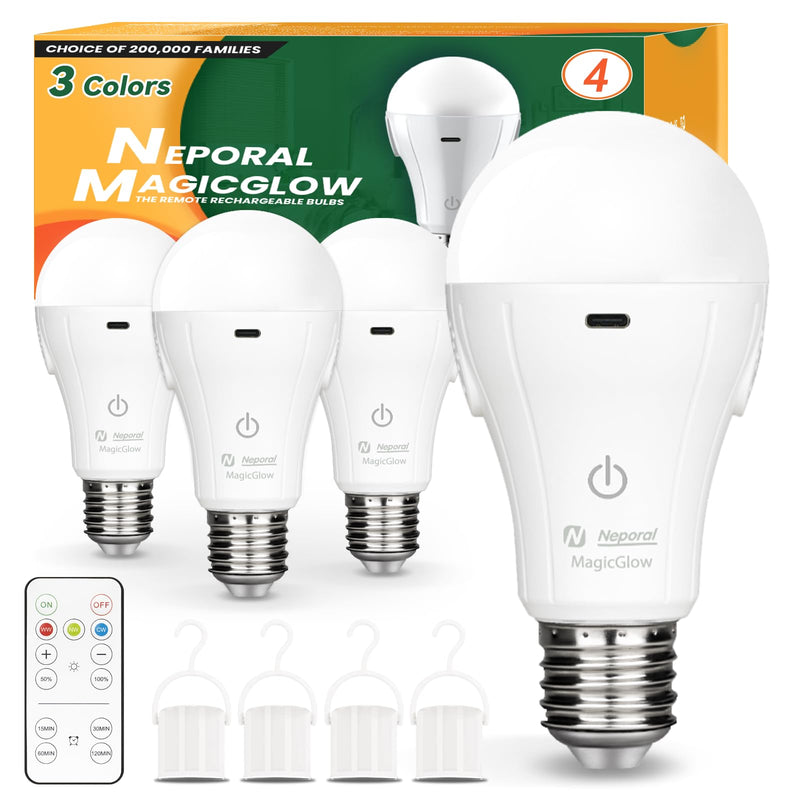 Neporal MagicGlow Rechargeable Light Bulbs with Remote, 3 Colors Shift + Stepless Dimmable Battery Powered LED Bulbs, USB Rechargeable, A19 Emergency LED Light Bulbs, 15W, Up to 24 Hours White 4