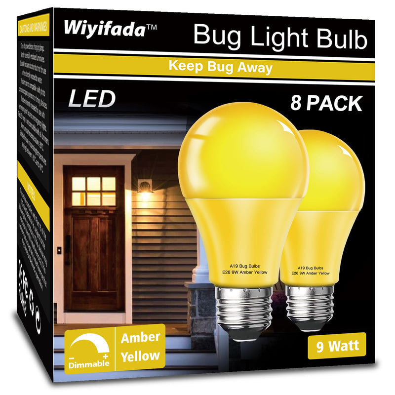 LED Bug Light Bulbs Outdoor 8 Pack,Dimmable 9W Amber Yellow Bug Light Bulbs, 100W Equivalent,A19 Bug Lights for Outside, Bedroom, Hallway Porch Light