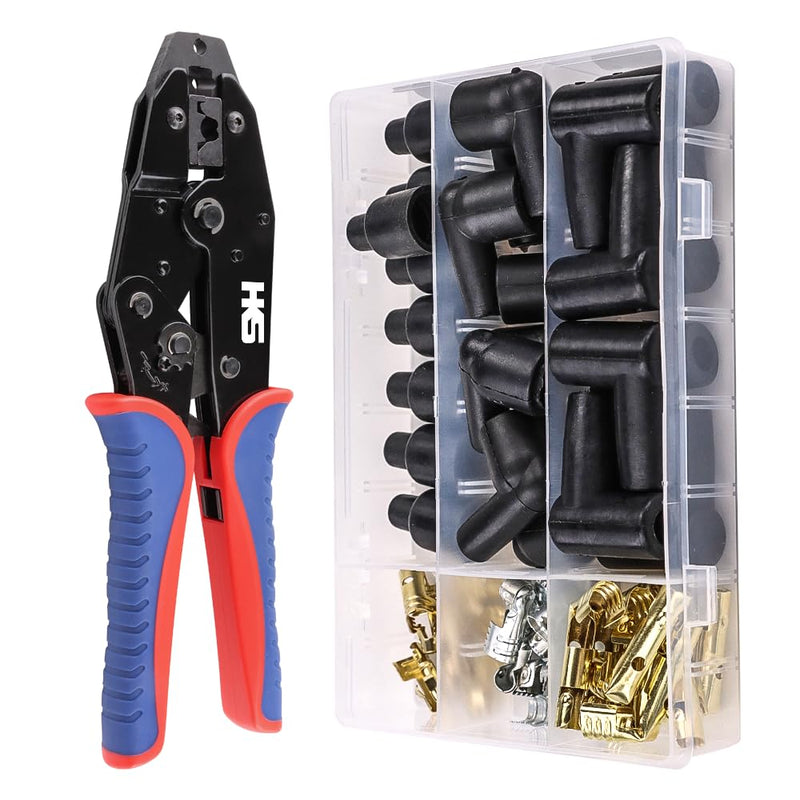 Spark Plug Wire Crimping Tool Kit for Ignition Cables, Ratcheting Crimper, 24 Spark Plug Terminals (180° 90° Straight), 24 Boots, Fits up to 8.5mm Wires For Spark Plug Ignition Wire with Box