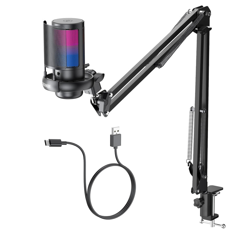 Gaming Microphone, USB PC Mic for Podcasts Videos, Streaming, Condenser Mic with Quick Mute, Tripod Stand, Pop Filter, RGB Indicator, Shock Mount, Rotate gain button, Compatible with PS4/5/PC With Boom Arm