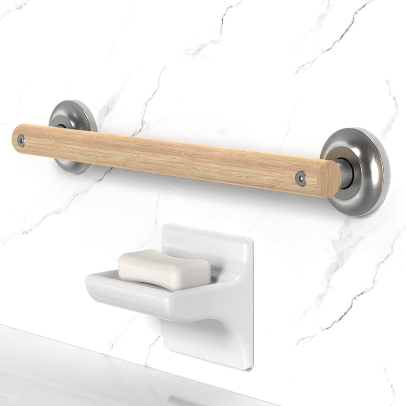 Natural Bamboo Grab Bar for Bathroom & Toilet, ADA Compliant Balance Assist Handrail for Handicap and Seniors, 16in Brushed Nickel