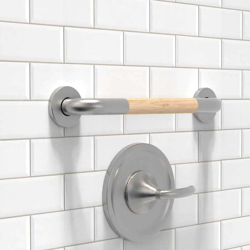 Safety Grab Bar for Bathroom & Toilet, Natural Bamboo Handle, ADA Compliant Balance Assist Handrail for Handicap and Seniors, 16in Brushed Nickel