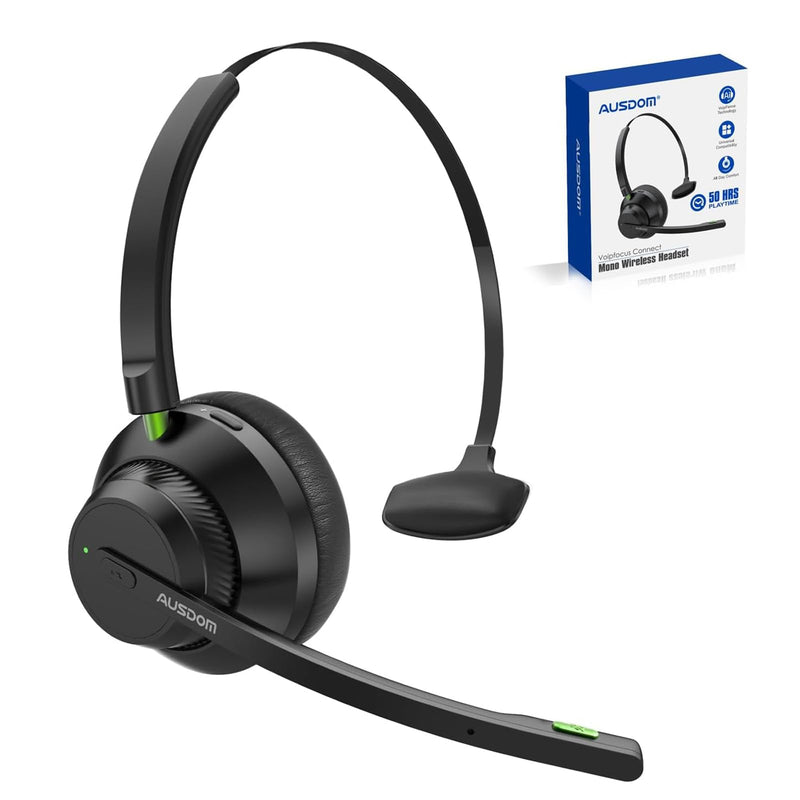 AUSDOM Trucker Bluetooth Headset with Microphone: A2301 Wireless 5.2 On-Ear Headset with AI Noise Cancelling Mic & Mute Button, 50H Playtime for Work from Home Office Call Center Cellphones Laptop Black & Green