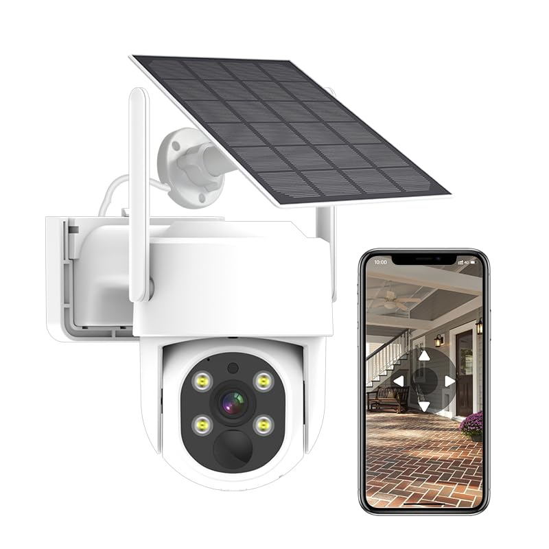 PTZ Security Camera Wireless Outdoor Solar Powered, Pan Tilt 360 Security Camera Waterproof Two Way Audio Color Night Vision Compatible with Alexa Compatible Camera System