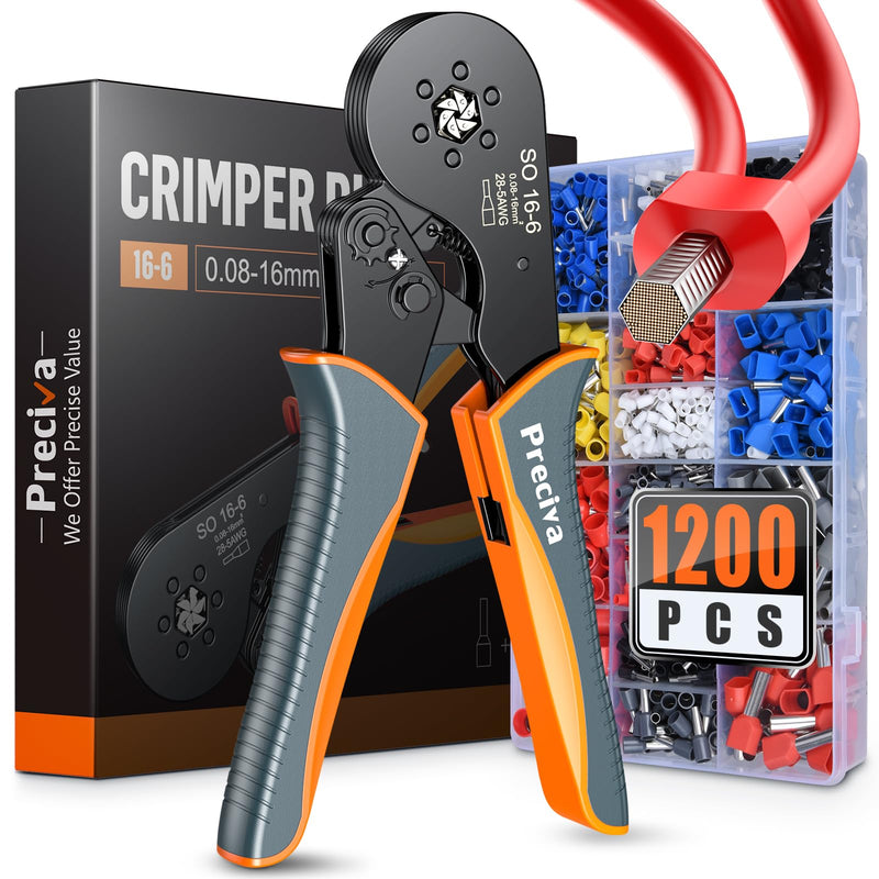 Ferrule Crimping Tool Kit, Preciva Upgrade Double & Single Ferrules Connectors,16-6 Hexagonal Ratchet Jaw Wire Crimping Pliers AWG 28-5 (0.08-16mm²) with 1200PCS Terminal Connector Sleeves CP94120