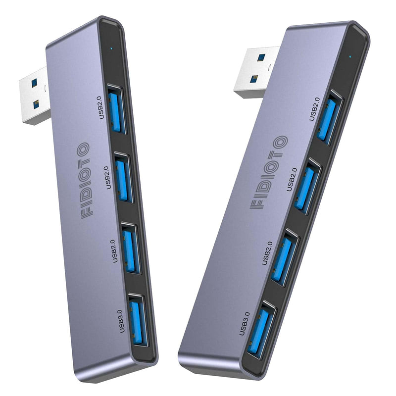 USB Hub 2Pack Right Model, Fidioto 4-Port USB Hub(1 * 3.0 Port, 3 * 2.0 Port) USB Splitter USB Expander for Laptop, Xbox, Flash Drive, HDD, Console, Printer, Camera,Keyborad, Mouse 4in1- 2pcs Right-Grey