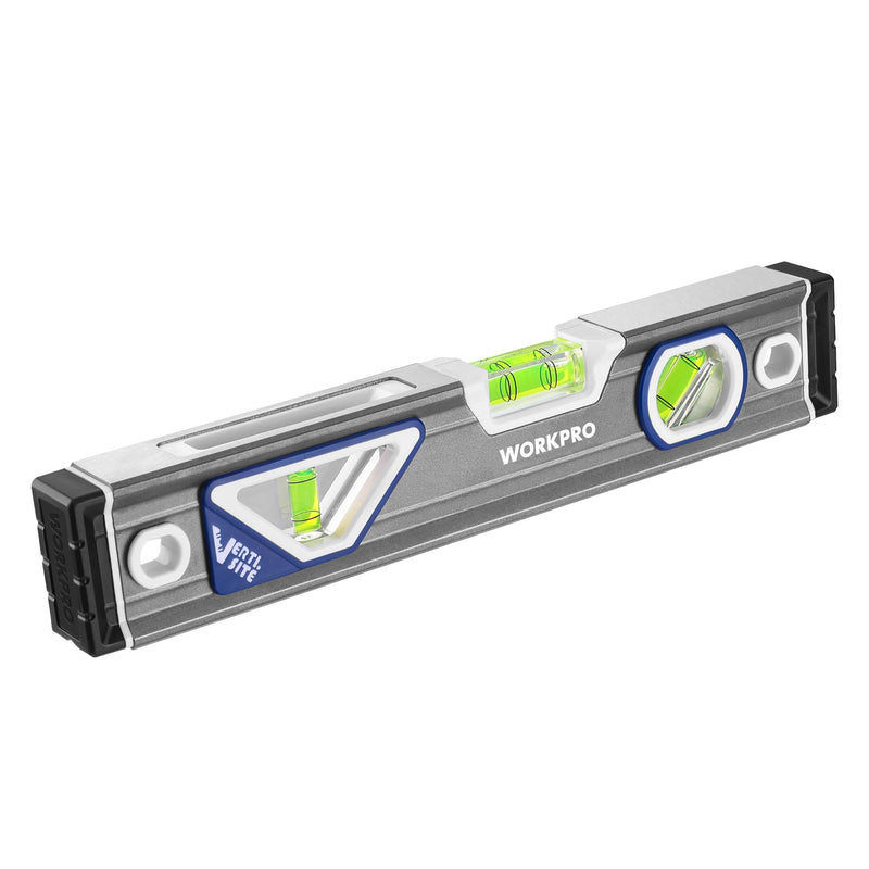 WORKPRO 10 Inch Torpedo Level, Small leveler tool with 3 Different Bubbles 45°/90°/180°, bubble level With Shock Absorbing End Caps, V-Groove for Conduit Bending, Silver/White/Blue 45°+90°+180°