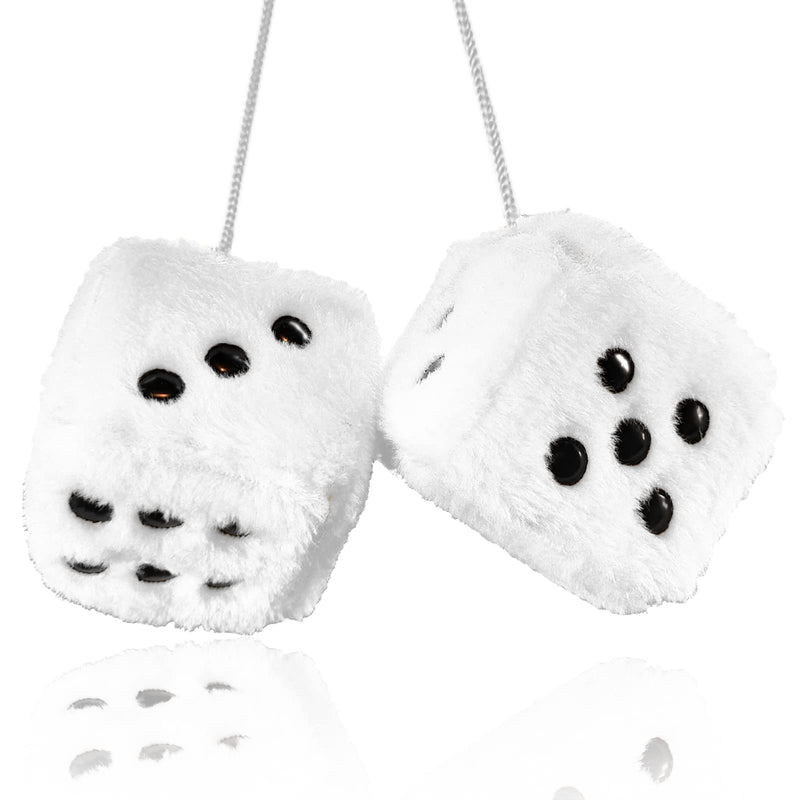 Fuzzy Plush Dice for Car Mirror, Pair of Retro 3” White Dice with Black Dots for Car Interior Hanging Ornament Decoration