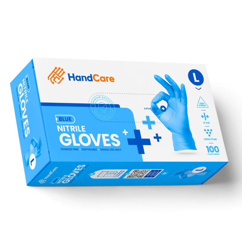 HandCare 4 Mil Blue Nitrile Disposable Exam Gloves, Powder-Free & Latex-Free for Medical, Lab & Cleaning Use Large - Case of 1000