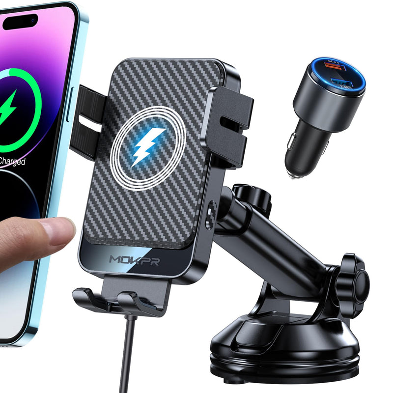 Wireless Car Charger 15W Fast Charging Dash Windshield Vent Car Mount | Auto-Clamping Universal Hands-Free Car Charger Compatible with iPhone 17/16 15/14/13/12, Samsung S24 S23/S22/S21,etc Light Black with qc 3.0