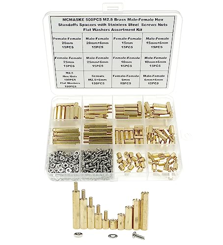 500PCS M2.5 Brass Male-Female Hex Standoffs Spacers Screws Nuts Flat Washers Assortment Kit;Female Lengths:6mm to 25mm
