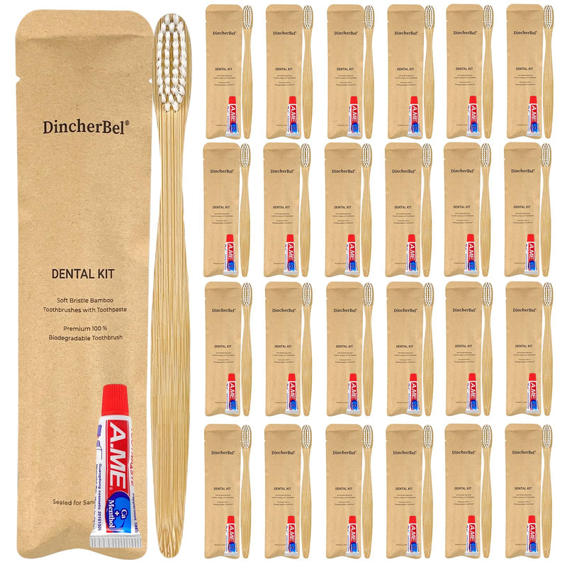 DincherBel Bamboo Toothbrushes Kit Bulk, Disposable Toothbrushes with Toothpaste(6g), Individually Wrapped Toiletries Amenities for Hotel, Airbnb, Homeless, Shelter, Camping and Travel (50 Pack) 50 Pack(Bamboo)