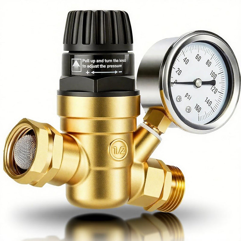 RV Water Pressure Regulator with Gauge,0-160psi Glycerin Liquid Filled Pressure Regulator Thicker Lead-free BrassKnob Valve Body,Knob Adjustment Water Pressure Gauge Regulator for RV Camper