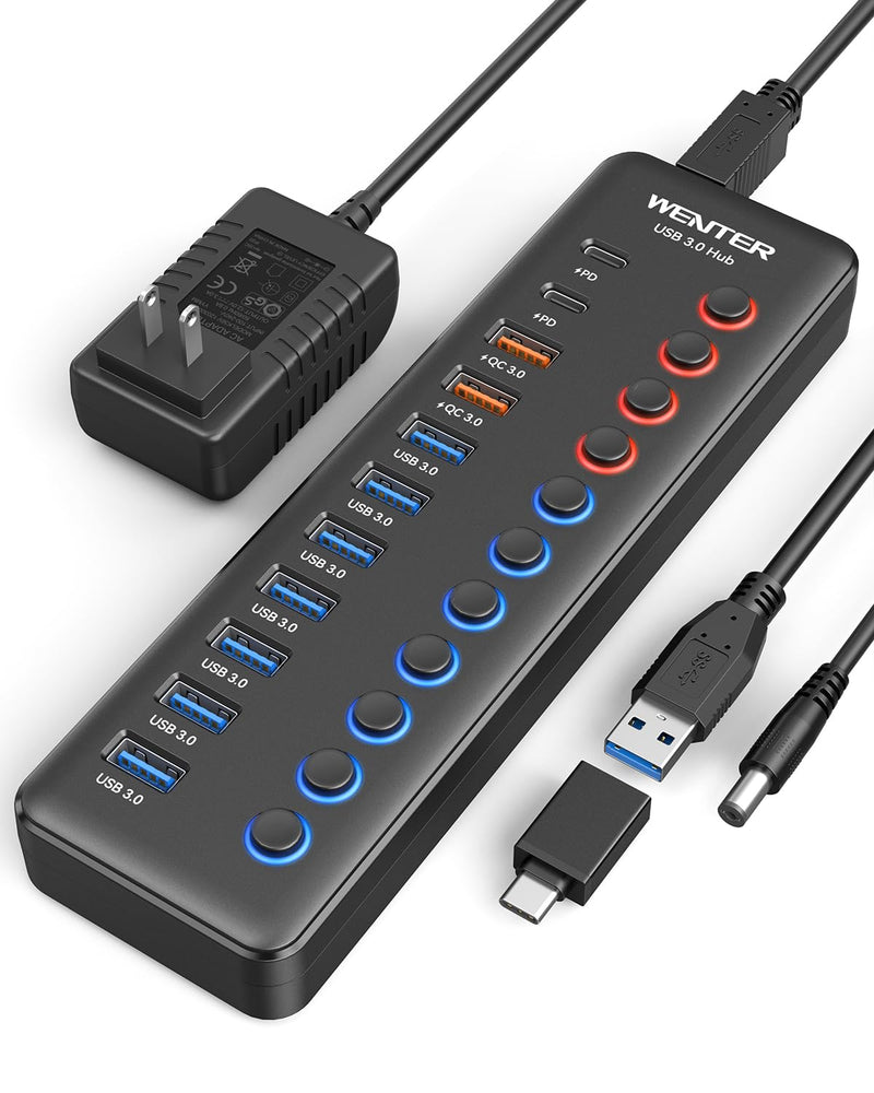 Powered USB 3.0 Hub, Wenter 48W 11-Port USB Hub Splitter (7 Faster Data Transfer Ports+ 4Pcs QC Charging Ports) with Individual LED On/Off Switches, USB Hub 3.0 Powered with Power Adapter 7+2+2
