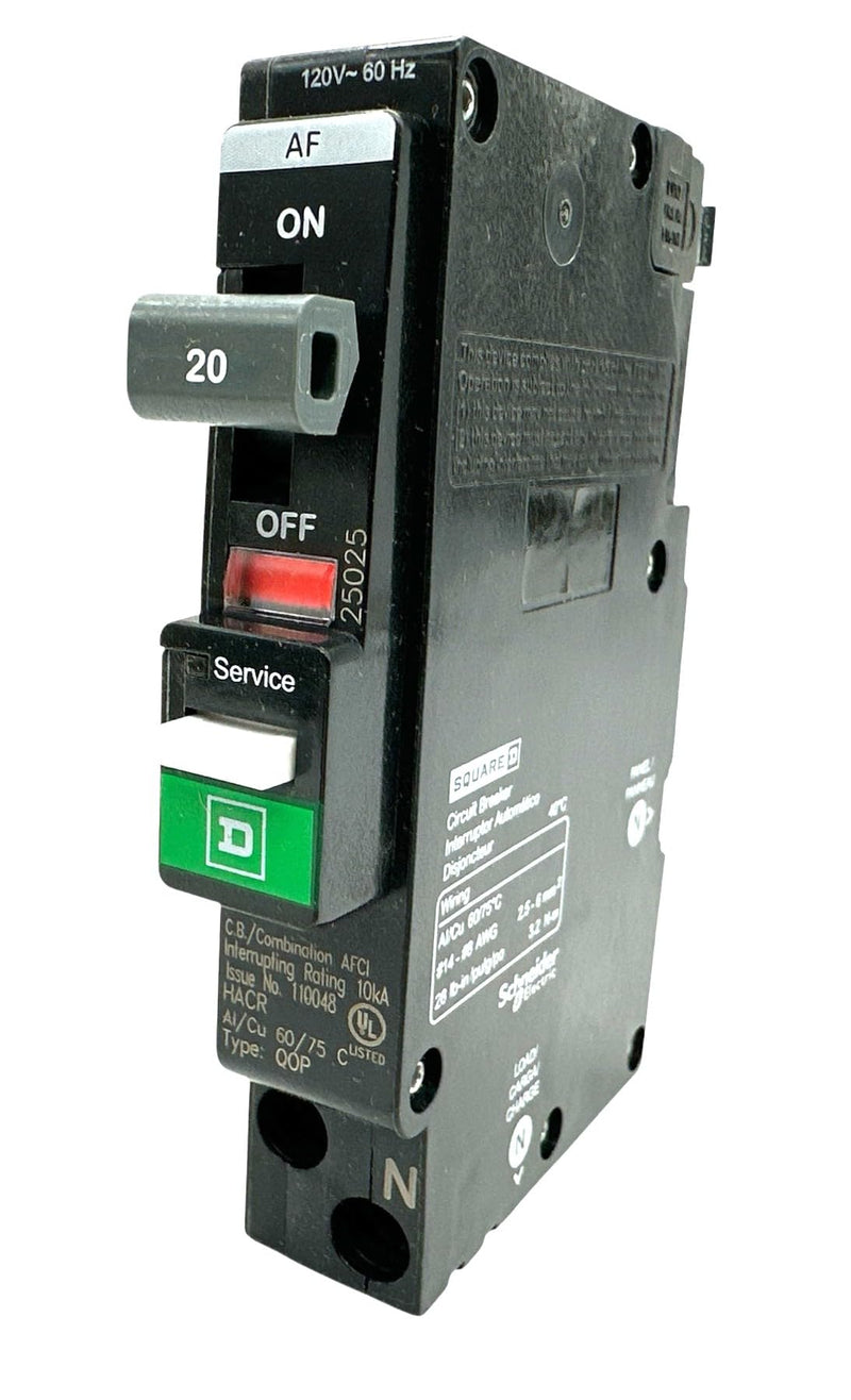 Square D QO120PAF (New Version of QO120PCAFI) Circuit Breaker, QO, 20 AMPS, 1 Pole, 120VAC, 10kA, Combo arc Fault, Plug on Neutral, Plug in Mount, UL Listed