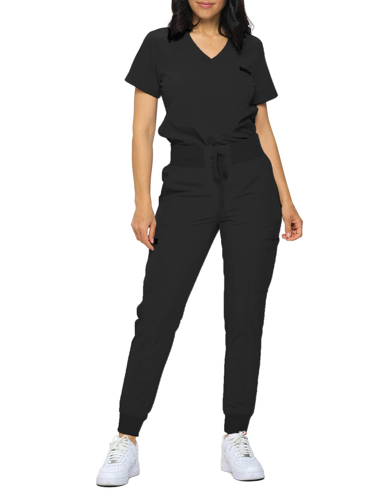 Monarch Uniforms Slim Fit Stretchy Scrubs Women's Jogger Scrub Set Slim Jogger Scrubs with Tuck-In Top for Women Black Medium Regular