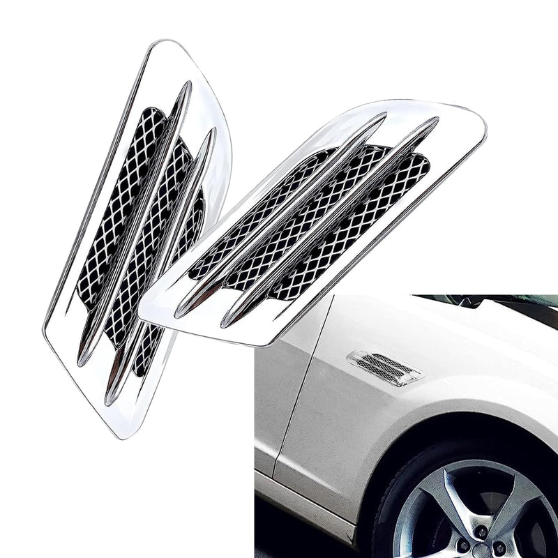 ZKFAR 2 PCS Engine Hood Air Vent Outlet Cover Trim, Car Side Mesh Vent Sticker, 8.6" x 3" Shark Gills Decorative Air Vent, Universal for Most Cars (Silver Plating) Silver Plating