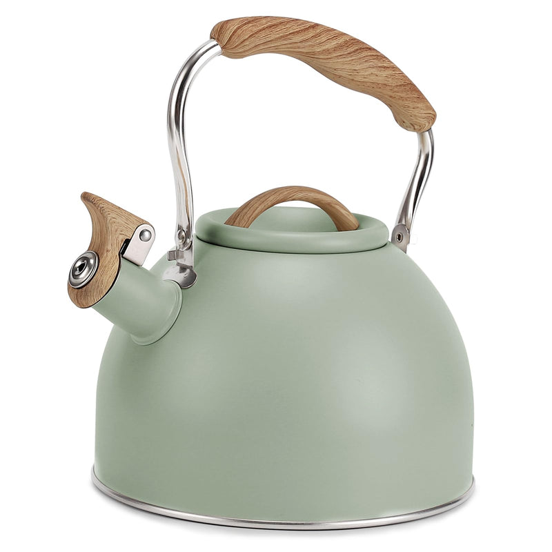 Tea Kettle, Vegoran 100 OZ / 3 Liter Whistling Tea Kettle, Tea Pots for Stove Top Food Grade Stainless Steel with Wood Pattern Folding Handle, Loud Whistle Kettle for Tea, Coffee, Milk (Green) Green
