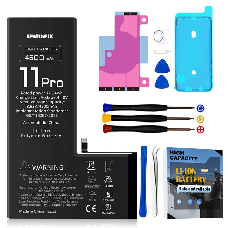 EFAITHFIX 4500mAh Upgraded Replacement Battery Compatible with iPhone 11 PRO, High Capacity New 0 Cycle A+ Battery Replacement for iPhone 11 PRO, Model A2160 A2217 A2215 with Complete Repair Tool Kit 11 PRO-4500