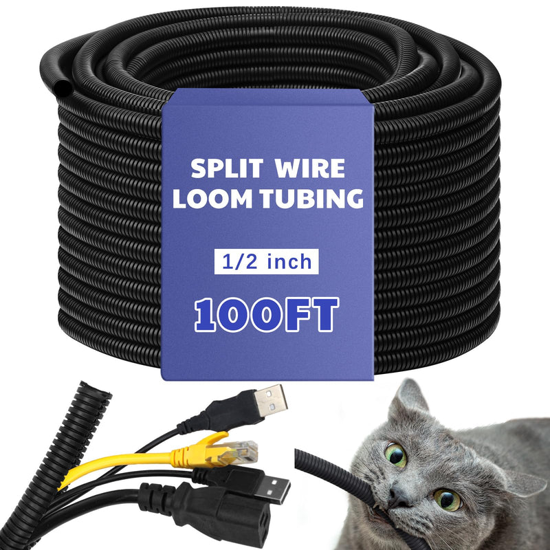Kanayu Split Wire Loom Tubing Flame Retardant Wire Covering High Temperature Cable Sleeves Split Protector Cable Conduit for Industrial Electrical Automotive Marine(1/2''-100 ft,Black) 1/2 Inch 100Ft Black