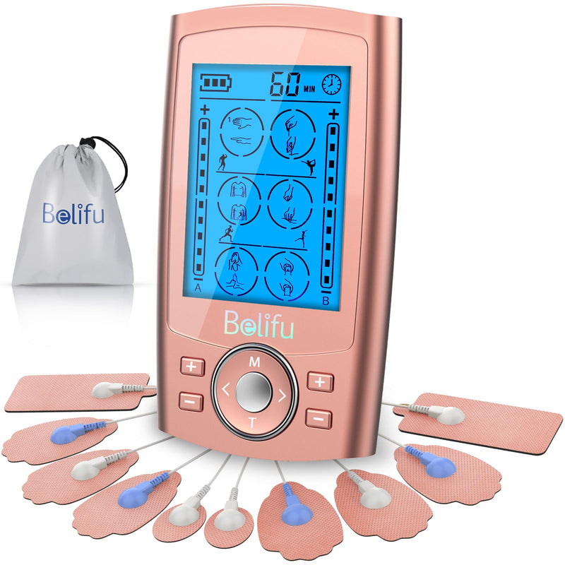 Belifu Dual Channel TENS EMS Unit 24 Modes Muscle Stimulator for Pain Relief Therapy, Electronic Pulse Massager Muscle Massager with 10 Pads, Dust-Proof Drawstring Storage Bag Pink